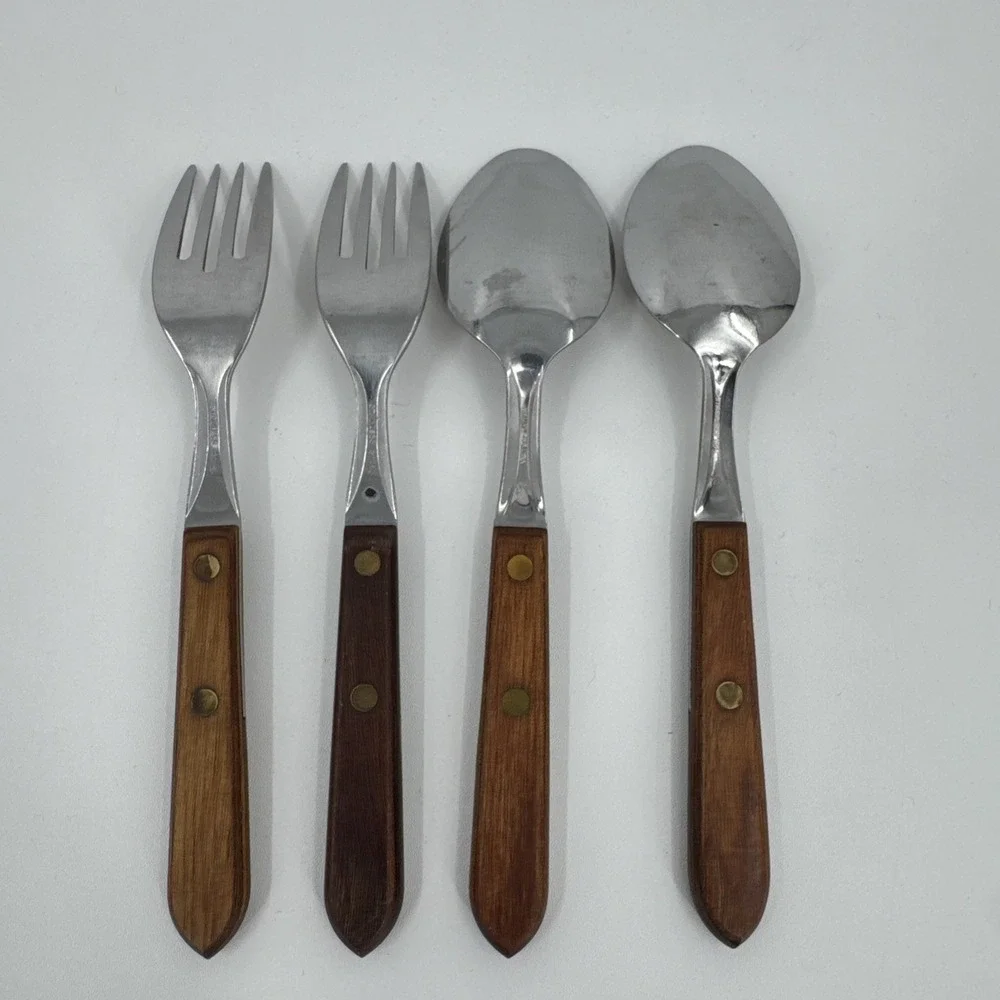 Unbranded Forks/Spoons Wood Handle Stainless Steel‎ 4 Vintage